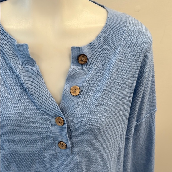 Medium Blue Button-Up Henley Women's Top - Picture 2 of 6